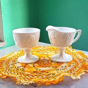 Vintage Set of Milk Glass Harvest Grapes Cream + Sugar | Antique | Mid Century